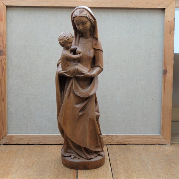 Vintage Heilige Maria Mutter Gottes mit Jesus Kind aus Holz geschnitzt Madonna Handarbeit Kunsthandwerk Bayern Weihnachten