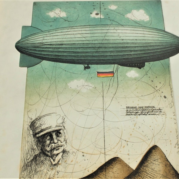 Vintage original Farbradierung HOMMAGE an Graf Ferdinand von ZEPPELIN signiert Udo NOLTE 20/150