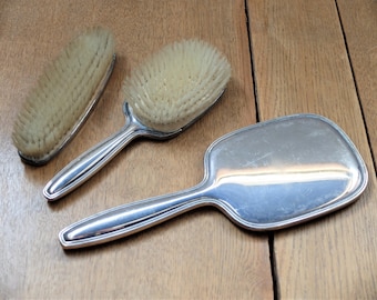Vintage 50s 60s HAIRDRYING SET with 2 brushes HAND MIRROR facet cut old shabby almost antique hallmark LW silver plated