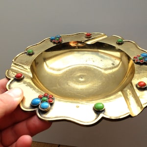 Vintage DECORATIVE metal bowl BRASS jewelry bowl with stone trim HANDMADE