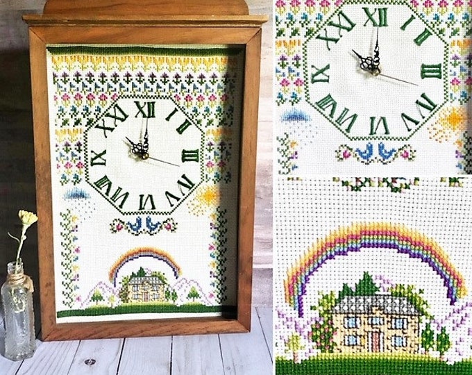 Vintage Needlepoint Clock Crewel Rainbow Framed Clock Embroidery Wall