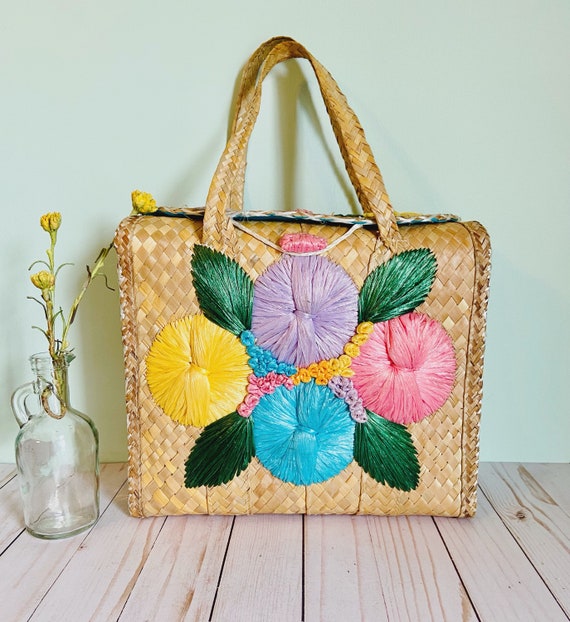 Vintage Straw Woven Rattan Rafia Floral Bag