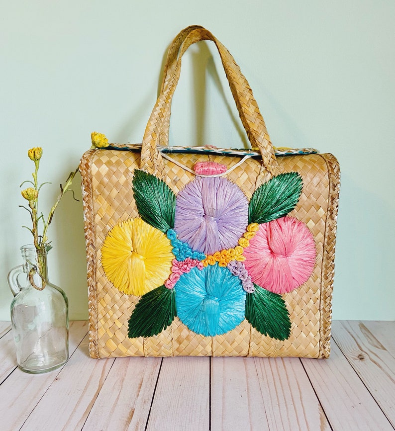 Vintage Straw Woven Rattan Rafia Floral Bag - Etsy