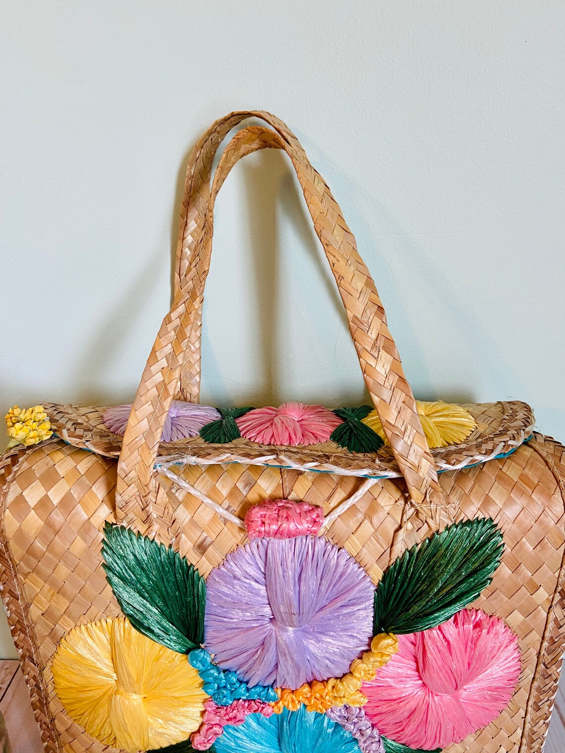 Vintage Straw Woven Rattan Rafia Floral Bag - Etsy