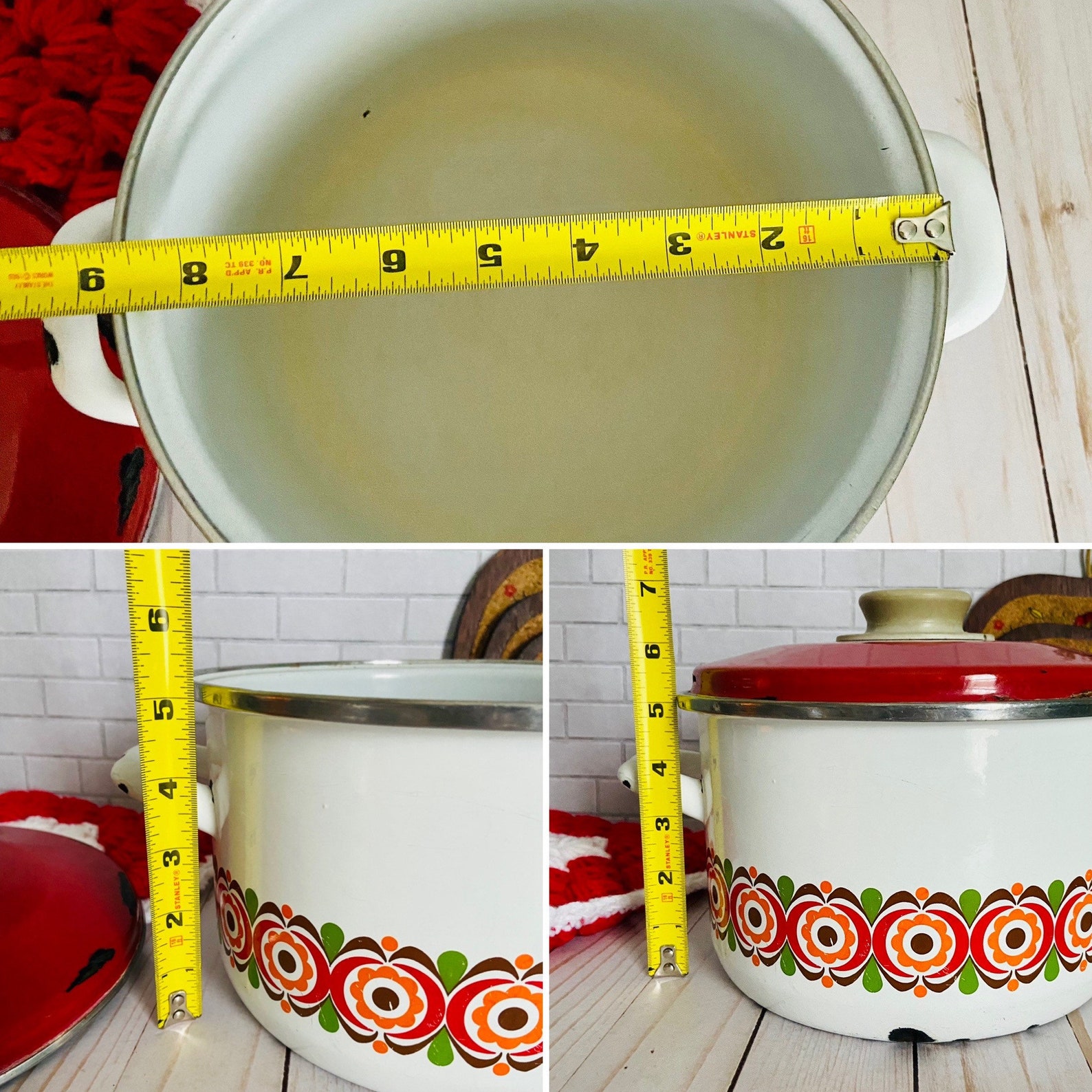 Mid Century Enamel Pot Red & White Groovy Enamelware Etsy