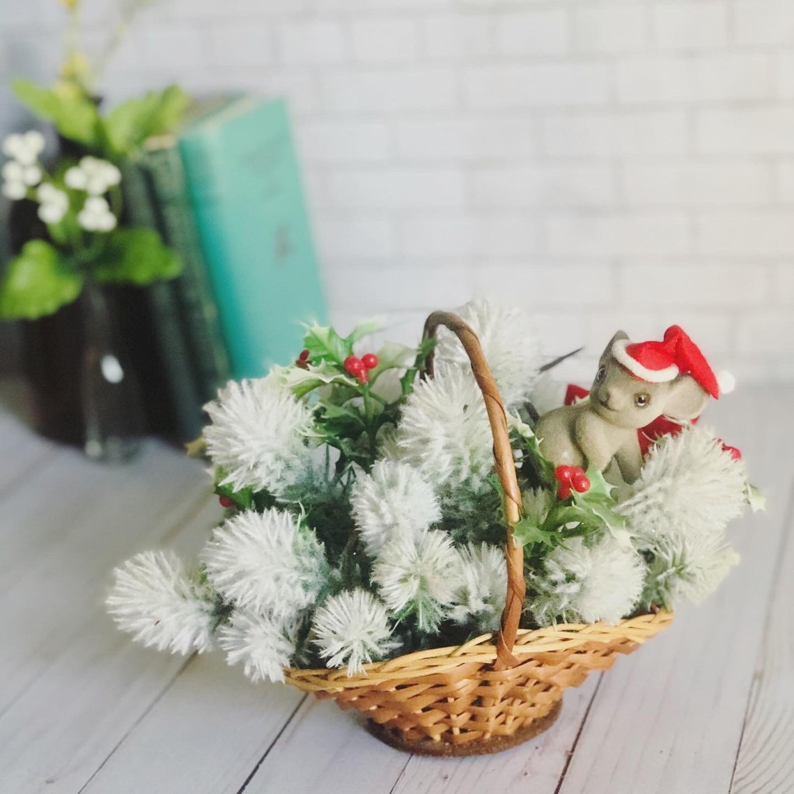 Vintage Christmas Basket Decor With Mouse Kitschy Holiday Etsy