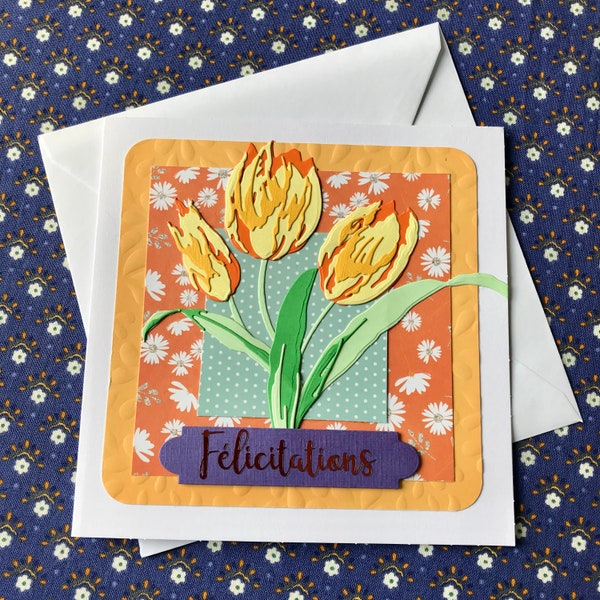 Carte postale Félicitation , Tulipes ,fleurs de printemps , carte scrapbooking, carte en papier