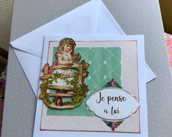 Carte postale avec la citation d'amour Je pense à toi dans le style victorien inspiration vintage