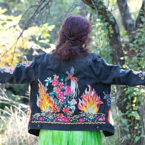 Up-cycled denim jacket "Secret Flame", embroidered boho hippie festival jacket OOAK colorful, multi-color