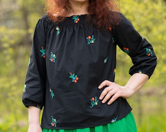 Embroidered boho blouse, black peasant blouse, hippie ethnic blouse