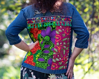 Embroidered denim jacket, boho jacket, hippie jacket OOAK colorful, multi-color
