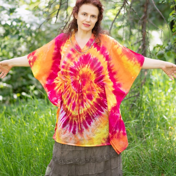 Tie dye poncho top "Sunset Song", beaded boho tunic, beach cover-up