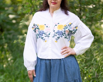 White embroidered blouse, floral boho blouse