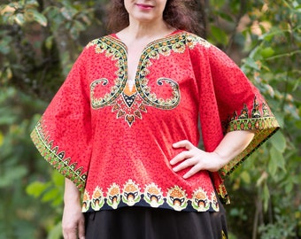Red ethnic blouse, African print shirt, hippie festival shirt