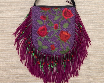 Festival fringe bag "Evening Roses", ethnic embroidery bag, boho bag, hippie bag, crossbody hobo bag OOAK colorful, multi-color