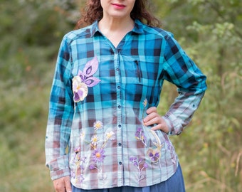 Embroidered boho shirt "Roof Garden", hombre plaid shirt