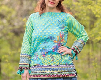 Paisley boho tunic, colorful ethnic blouse, hippie festival tunic