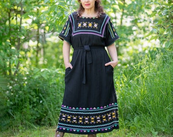 Long black ethnic dress, embroidered boho dress