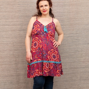 Boho mandala tunic, red ethnic dress, hippie festival dress