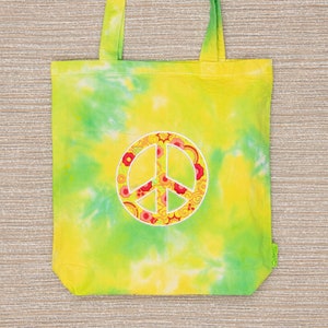 刺繍入りタイダイバッグ「Spring Peace」、ヒッピーフェスティバルバッグ、カラフルなボヘミアントートバッグ