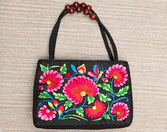 Embroidered ethnic bag, black floral boho bag, hippie festival bag