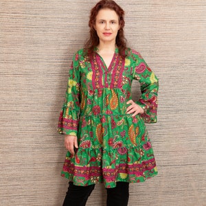 Grünes Paisley Kleid, Boho Umstandskleid, bunte Hippie Tunika