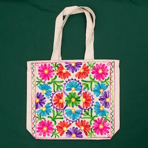 Embroidered tote bag, floral boho tote bag OOAK colorful, multi-color