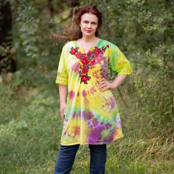 Tie dye embroidery tunic, floral boho dress, hippie festival dress