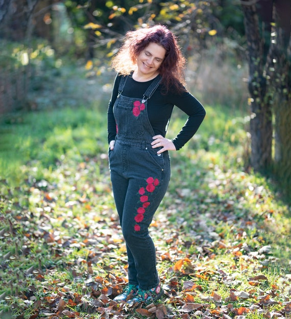 Embroidered denim overalls, embroidered dungarees