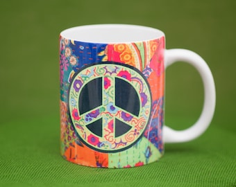 Caneca boho colorida "Tapeçaria da paz", caneca hippie étnica floral vibrante