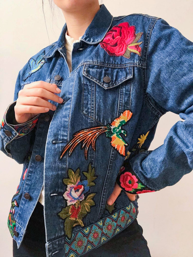 Embroidered Denim Jacket Boho Jacket Hippie Jacket OOAK | Etsy