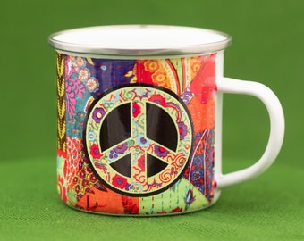 Colourful enamel mug "Peace tapestry", vibrant floral ethnic hippie mug