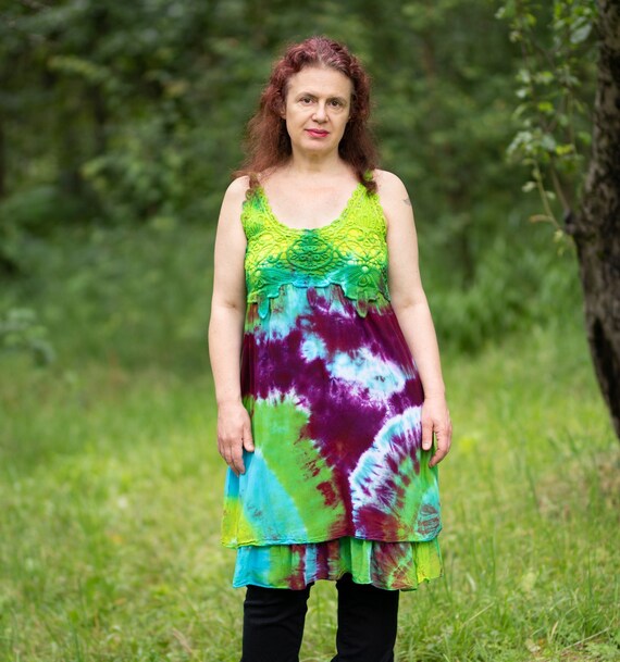 Tie Dye Dress with Crochet Lace, Colorful Boho Tunic, Hippie Festival Tunic
