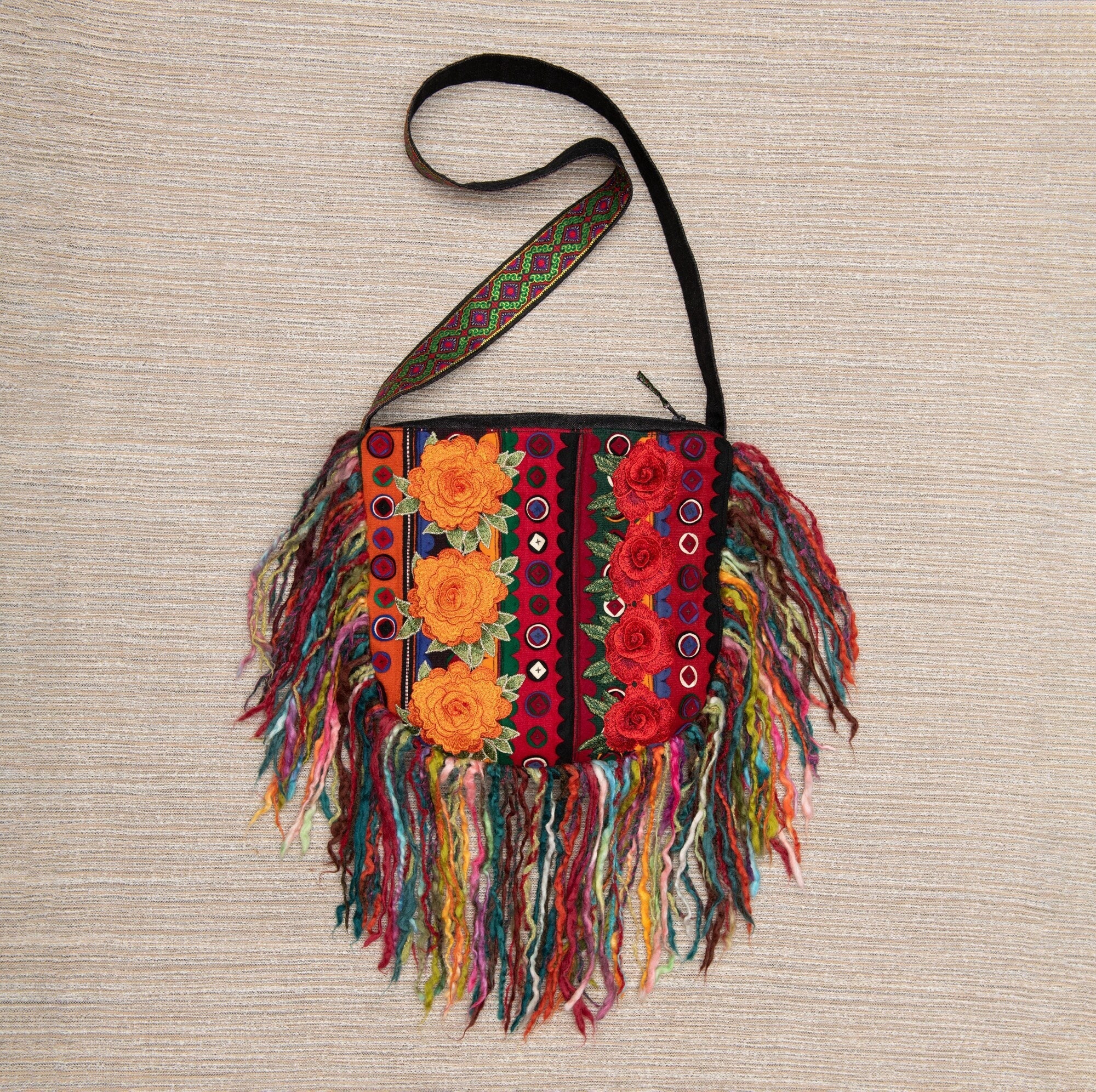 Embroidered tie dye bag Sunset Garden, ethnic festival bag, boho