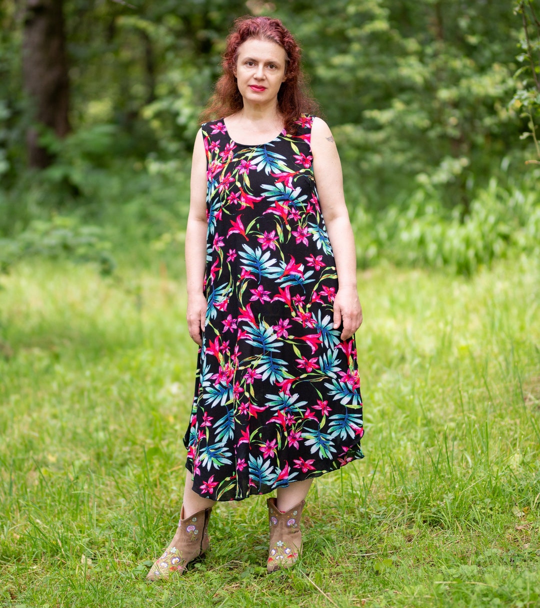 Black Floral Boho Dress, Tropical Print Dress - Etsy