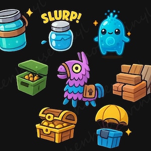 May include: A set of cartoon illustrations on a black backdrop. The images feature a blue jar with a lid, a blue liquid jar with the word "SLURP!", a blue creature, a green chest, a purple llama, wooden blocks, a treasure chest, and a blue box with a yellow parachute.