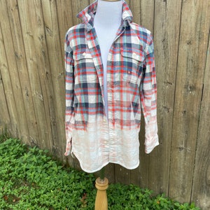farmhouse chic flannel/ flannel shirt/ upcycled shirt/ upcycled flannel/ orange and blue flannel/ bleach wash