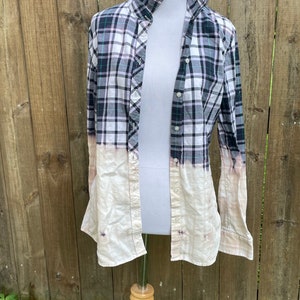 farmhouse chic flannel/ flannel shirt/ upcycled shirt/ upcycled flannel/ blue flannel/ bleach wash