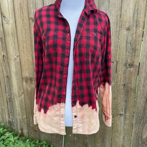farmhouse chic flannel/ flannel shirt/ upcycled shirt/ upcycled flannel/ red and black flannel/ bleach wash
