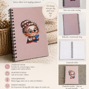 Peut inclure: Un carnet à spirales avec une couverture mauve mate illustrée d'un personnage de dessin animé à lunettes tenant un smartphone bleu. Le carnet comprend des pages lignées, une reliure à spirale noire et mesure 14,8 cm sur 21 cm.