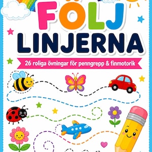 May include: A children's activity book cover titled FÖLJ LINJERNA with a rainbow, sun, and clouds at the top. The cover features colorful illustrations of a bee, butterfly, car, ladybug, flower, airplane, and a smiling pencil with dashed lines.