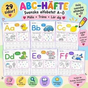 Op de afbeelding: Een digitaal PDF-werkboek met 29 pagina's voor het oefenen van het Zweedse alfabet. Elke pagina toont een letter van A tot F met bijbehorende illustraties, woordenoefeningen en schrijflijnen om te oefenen in een kleurrijke lay-out.