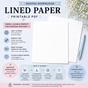 May include: A digital download of printable lined paper in PDF format. The document features a clean, simple design with horizontal lines for writing. The graphic includes text explaining the download process, usage instructions, and a note that this is a digital product. A light blue pen is positioned next to the paper sheets.