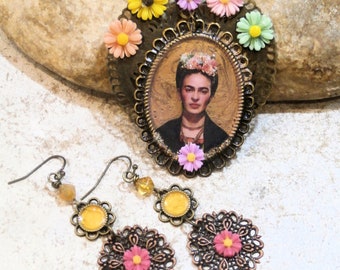 necklace OR earrings, Frida Khalo, flowers, handmade, Christmas birthday gift, brass