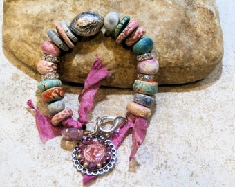 boho hippie chic gypsy bracelet, handmade ceramics, handmade ceramic beads, blue pink