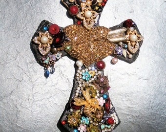 XXL spring haute couture cross necklace - old crystal leather with rhinestones - rockn'roll insect heart