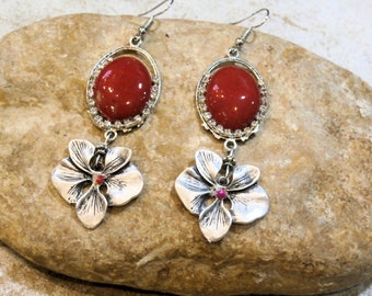 feminine earrings, boho hippie chic, red, flower, orchid, handcrafted ceramic, cameo, handmade