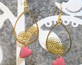 blue OR pink, very light feminine earrings, Valentine's Day or birthday gift, heart, art deco boho, gold