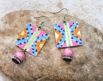 recycled brass earrings, hand painted, spring summer, hippie chic, geometries, super light, pink blue green