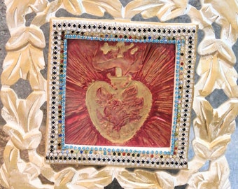 SOLD!!! sacred heart home decoration, wooden frame, embossed metal, artisanal, unique piece, red and gold